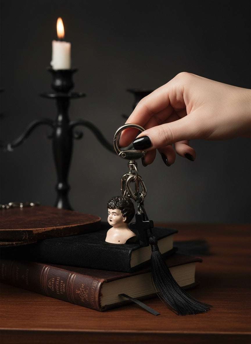 A hand with black nail polish holds a gothic-style keychain featuring a small bust of a dark-haired boy and a black tassel. The keychain is positioned over a stack of old books on a wooden table, with a lit candle in a black metal holder in the background.